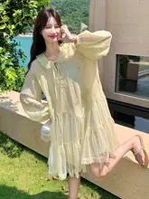 多巴胺イエローのネットレース切り替え薄手長袖ドールカラーワンピース【ユニークなデザイン・ゆったりタイプ】