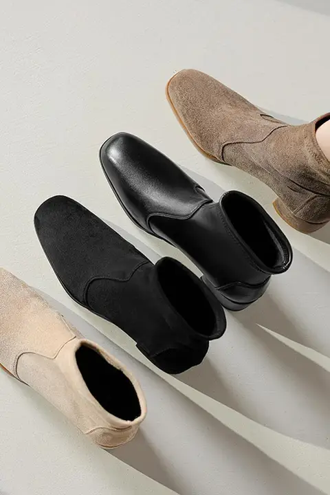 女性用 中ヒール太ヒールショートブーツ【ブラック・スクエアトゥ・伸縮性素材】