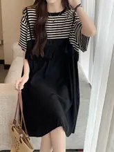 ストライプ柄 半袖 サス付ワンピース【夏用・フィット・大きいサイズ・体型カバー・エレガント】（セットアップ対応）