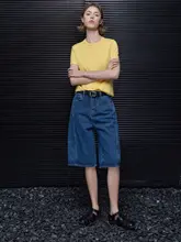 青いデニムショートパンツ【フィット・カジュアル・ゆったりとしたデザイン】（セットアップ対応）