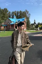 千鳥格模様の男の秋用カジュアルジャケット【多ポケット・工装デザイン】