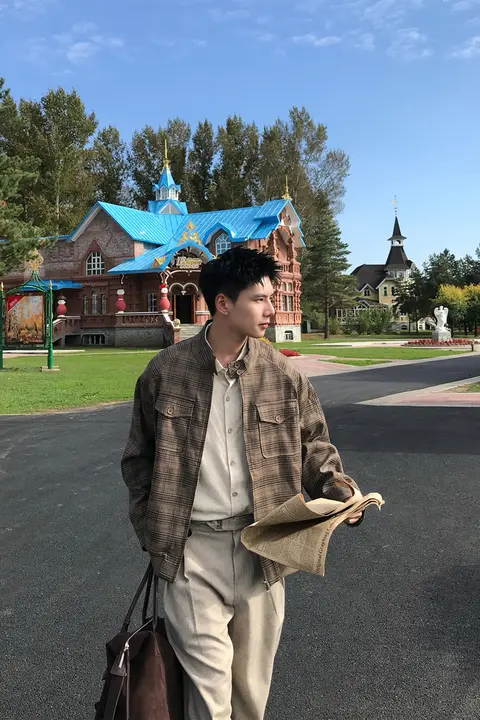 千鳥格模様の男の秋用カジュアルジャケット【多ポケット・工装デザイン】