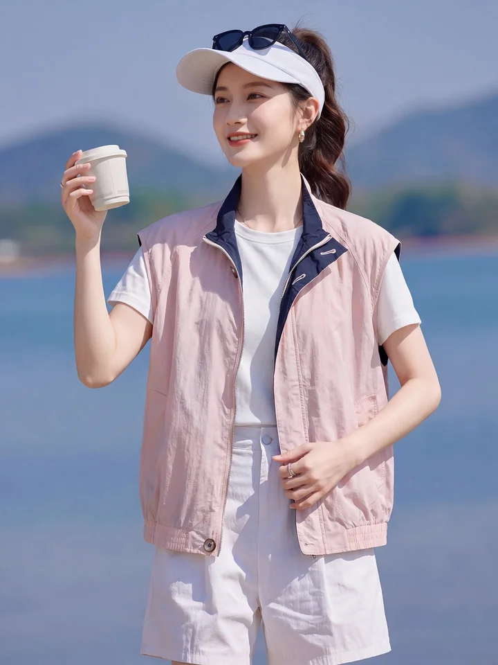 ピンクの純綿リバーシブル立襟ベスト【女性用・夏用・シンプルデザイン】