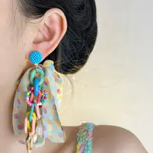 カラフルドットデザインのシフォンリボンピアス【ロングシェルフリンジ・女性用】