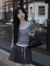 ニットシャツ 女性 秋 Uネック ��ギャザー デザイン スリム カラーコンビネーション 長袖