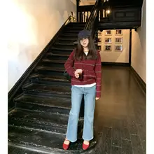 小冰bella アンゴラ混合 ロングセーター【赤白ストライプ・高襟・全羊毛】