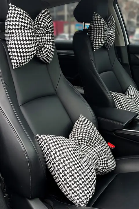 千鳥格デザインの車用ヘッドレスト＆ネックピロー【女性向け・内装用・クッション】