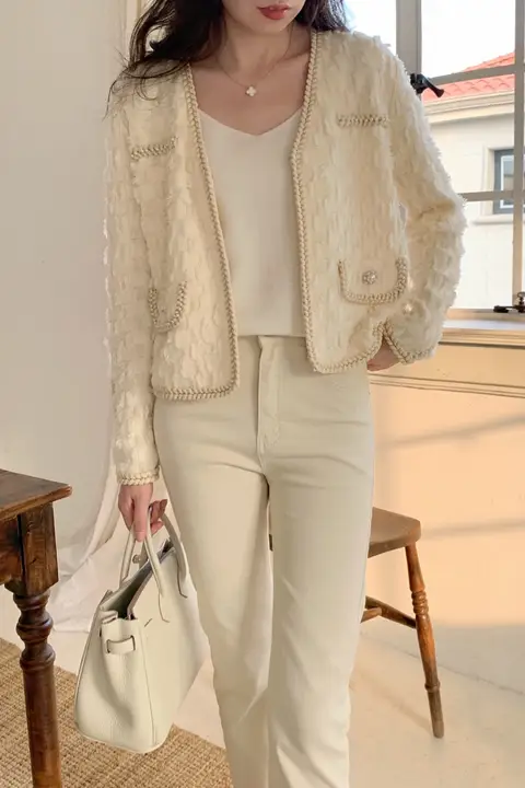 レディース 春秋用ニットカーディガン【ショート丈・ウール・フリンジデザイン・長袖】