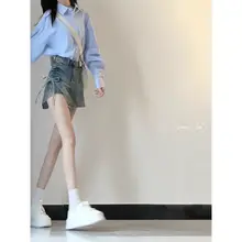 デザイン性のあるリボン付きデニムミニスカート【バッグバインディング・夏用・不規則デザイン】
