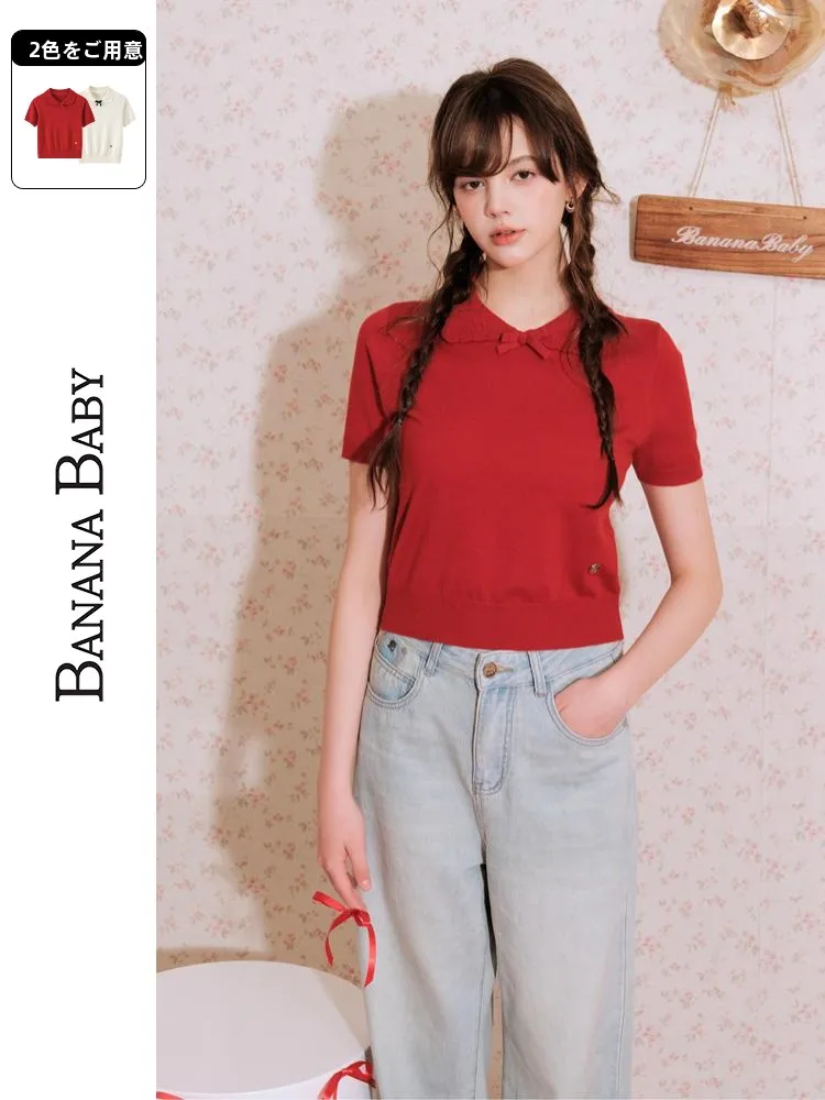 可愛らしいデザインのドレスカラー付きニットトップス：リボンと娃娃領が際立つシンプルなファッションアイテム