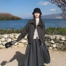 アメリカンヴィンテージ風 スリーブレス立体デザインの深灰色チェック柄スカート【春秋用・ミディ丈】（セットアップ対応）