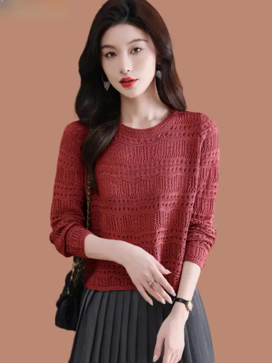 秋に最適な透かし編み長袖ニットトップス【高腰・薄手】