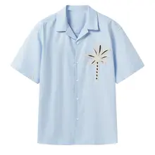 アロハシャツ メンズ 半袖 ブルー ヤシの木柄 キューバカラー 涼感 上品 リゾート 夏