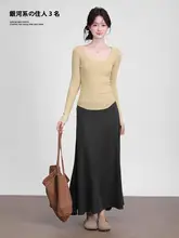 高腰フレアニットスカート【グレー・Aライン・ミディ丈・体型カバー】