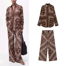 フィット 花柄シャツとウエストハイ ウエストワイドパンツ【カジュアルスタイル・ロング】（セットアップ対応）