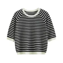 リネン素材のストライプ丸首短袖ニットトップス【夏用・快適・感】