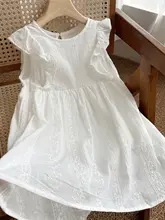 清新な子供用フリル付き白ドレス【コットン・フリル袖・夏用・プリンセススタイル】