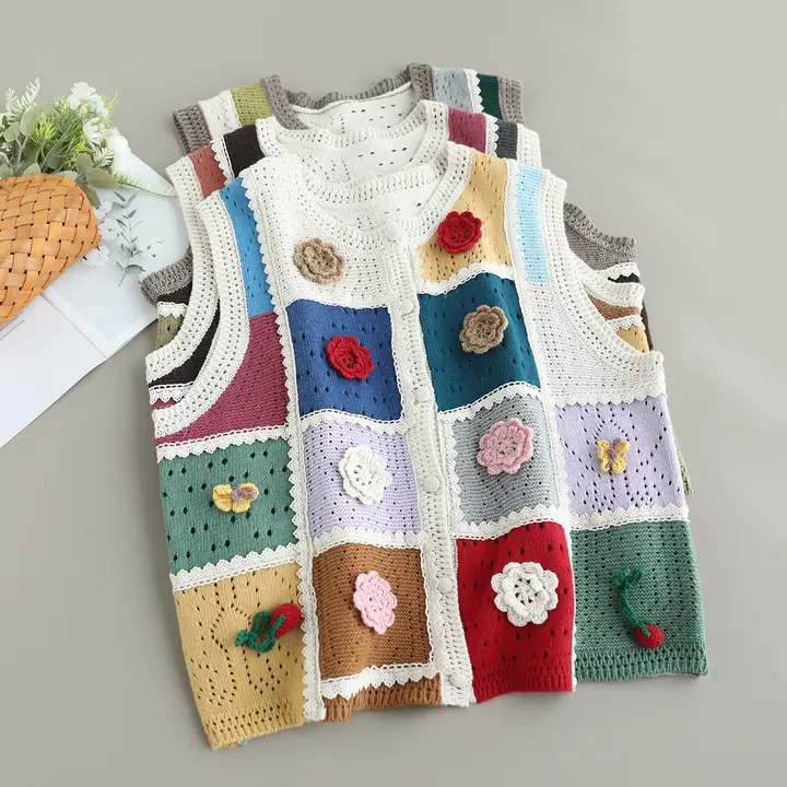 カラフルコットンニットベスト【ラウンドネック・立体花柄・チェックデザイン】