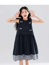 学院風リボン付きチェック柄中長丈ドレス【ネイビー・子供用】（セットアップ対応）