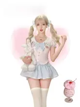 少女風セーラー襟半袖トップス【蝶ネクタイ付き・ブルーのスカートも】（セットアップ対応）