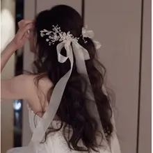 優雅なネットチュールリボンヘアクリップ【結婚式用・飾り付き】