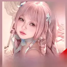 可愛いロマンティックウェーブのツインテールウィッグ【パステルピンク・紫色トリム・ハーフアップ】
