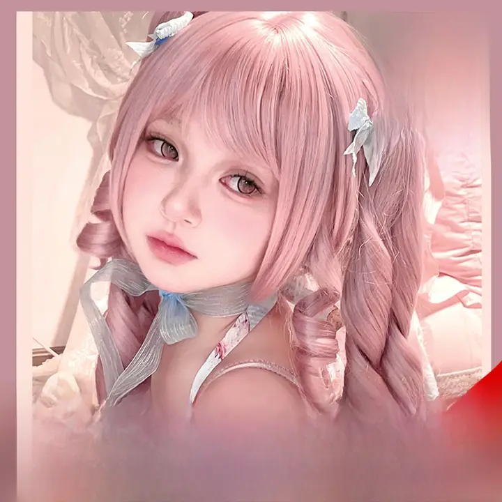 可愛いロマンティックウェーブのツインテールウィッグ【パステルピンク・紫色トリム・ハーフアップ】