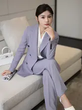 グレー紫色のテーラードジャケットとワイドパンツのセット【女性用・ビジネス・通勤用】