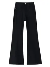 黒のフリース入りブーツカットデニムパンツ【ハイウエスト・細身シルエット・秋冬用】