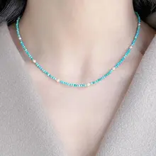 美しいトルコ石と真珠のネックレス【新中式・ロックボーンスタイル】