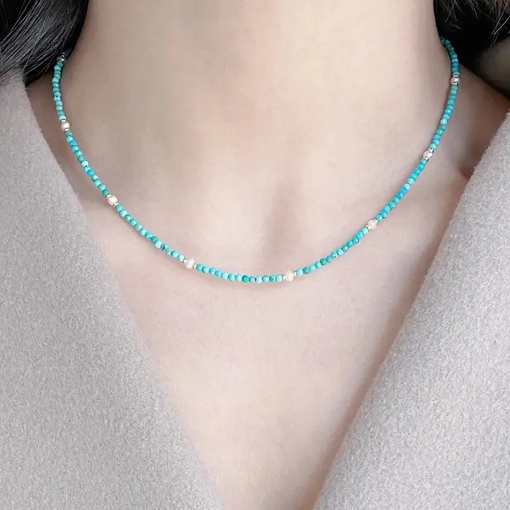 美しいトルコ石と真珠のネックレス【新中式・ロックボーンスタイル】