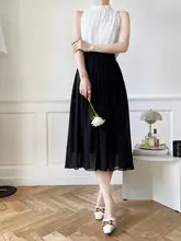 高腰シフォンプリーツスカート【夏用・白・ミディ丈・やわらかデザイン・小柄向け】