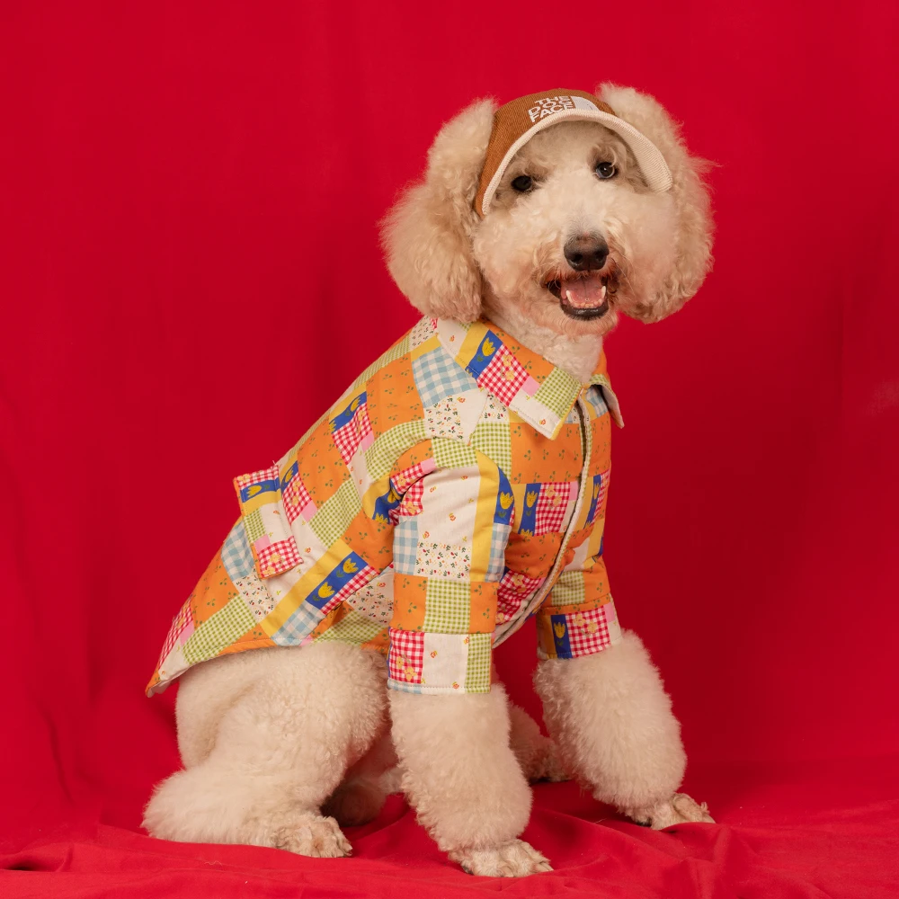大型犬用秋冬シャツジャケット：花柄チェックキルティングで快適な日常着用を実現