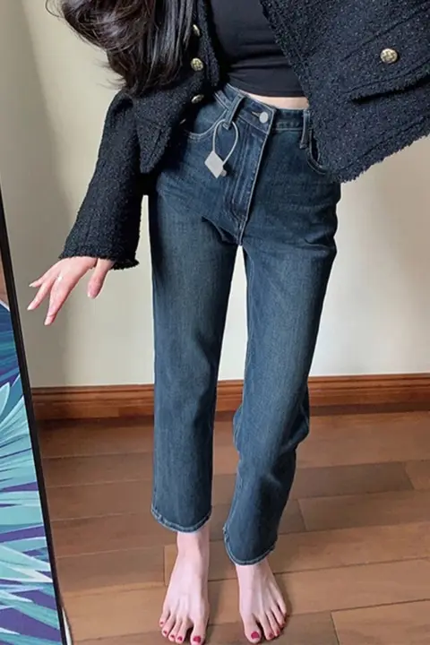 ハイウエストスリムフィットデニムパンツ【ストレートシルエット・大きいサイズ・小柄対応】（セットアップ対応）