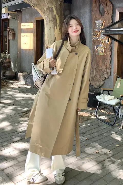 カキ色のゆったりした高級感漂うロングトレンチコート【春秋用・イギリス風】