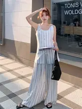 高級感のあるバイカラーストライプのスーツベストとワイドパンツ【春夏・女性用・魅力的なコーディネート】（セットアップ対応）