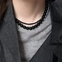 高級感漂うブラックオニキスとパールの重ね付けネックレス【女性用・セーター用・鎖骨アクセサリー】