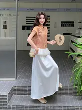 橙色花苞染めの旗袍上衣と半身スカート【夏用・軽やかな国風デザイン・セットアップ対応】