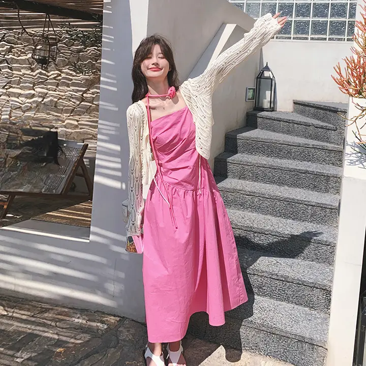 ニットカーディガンとキャミソールワンピースセット【春夏用・ビーチリゾートスタイル・2点セット】