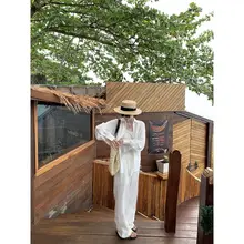 感のあるリネン製のワイドシャツとワイドパンツ【カジュアルスタイル・ゆったりシルエット】（セットアップ対応）