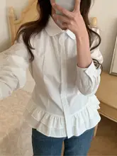 昭和風デザインのフリル付きボタン長袖シャツ【リボン付き】