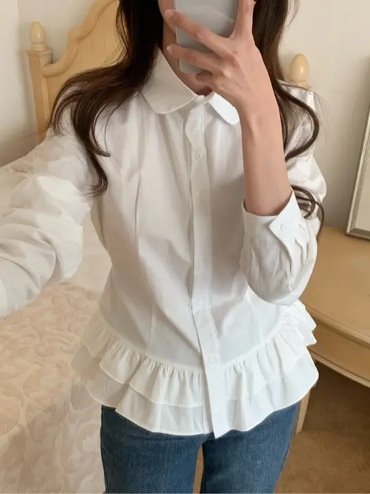 昭和風デザインのフリル付きボタン長袖シャツ【リボン付き】