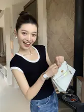 pusumede コントラストカラーUネックニット短袖Tシャツ【フレアスリーブ・夏用・タイトフィット】