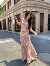 セクシーな胸パッド付きフィッシュボーンキャミソールワンピース【夏用・タイト・ビーチリゾート・フラワープリント】