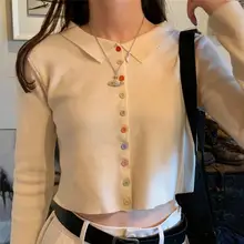 お洒落なオートミールカラーのニットトップス【高腰・クロップド・翻領デザイン】