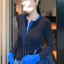 おしゃれなカラー切替長袖ニットトップス【女性用・フィット感・サマーコーデ】（セットアップ対応）