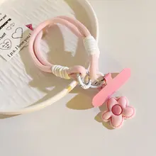 可愛いデザインのピンク花柄スマホケース用チェーン【柔らかいクッション付き・ウィovenデザイン・手首用・携帯電話アクセサリー】
