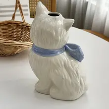 可愛い猫のデザインの陶器花瓶【リボン付き・手描き風】【インテリア装飾用】