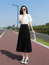 高腰デザインの夏用黒色シフォン百褶スカート【Aライン・膝下丈・極上の柔らかさ】（セットアップ対応）