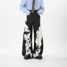 デザイン性のあるパッチワークフリースデニムパンツ【秋用・男女兼用・ワイドレッグ】